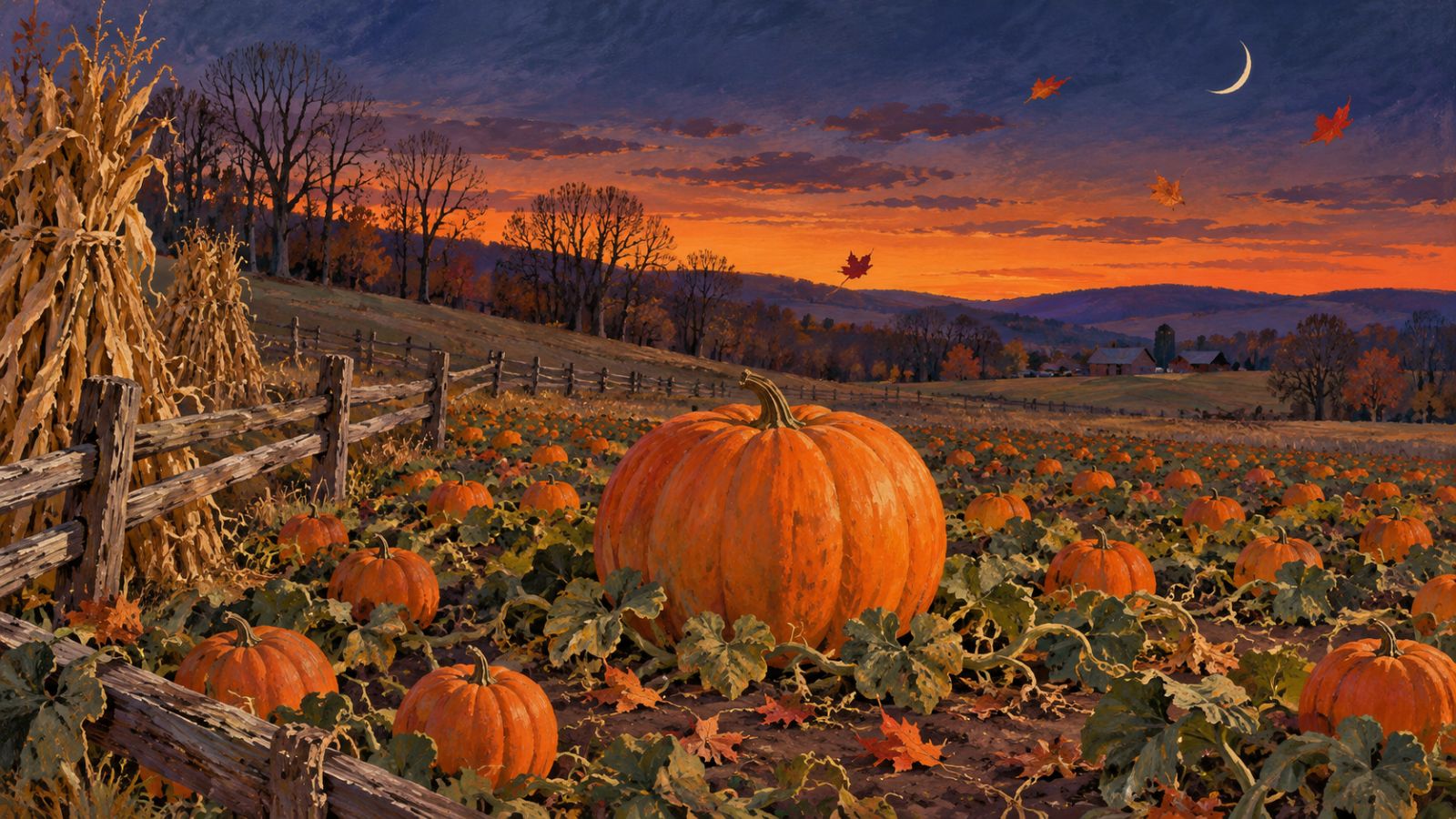 Gouache illustration of a pumpkin patch at dusk with one large round pumpkin in the center, a wooden fence and cornstalks under a crescent moon