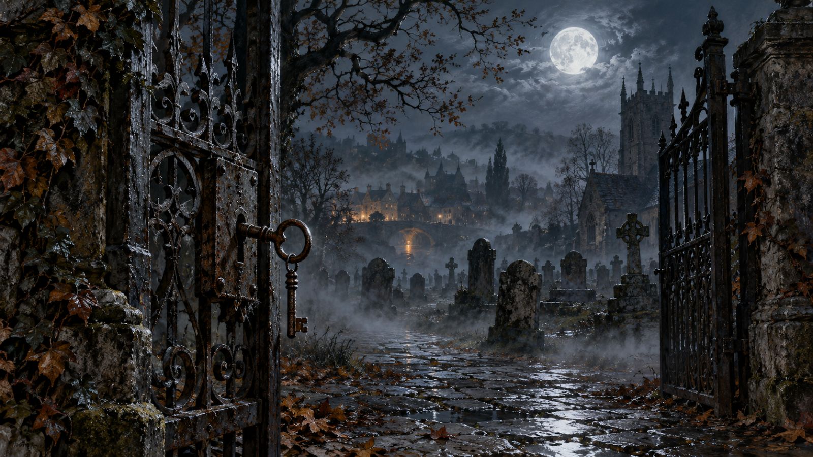 Foggy moonlit cemetery gate ajar with a rusted iron key in the lock on a cold autumn night