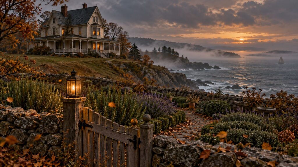 Victorian house above a foggy New England bay at dusk, with a walled herb garden and a lantern glowing on the gate