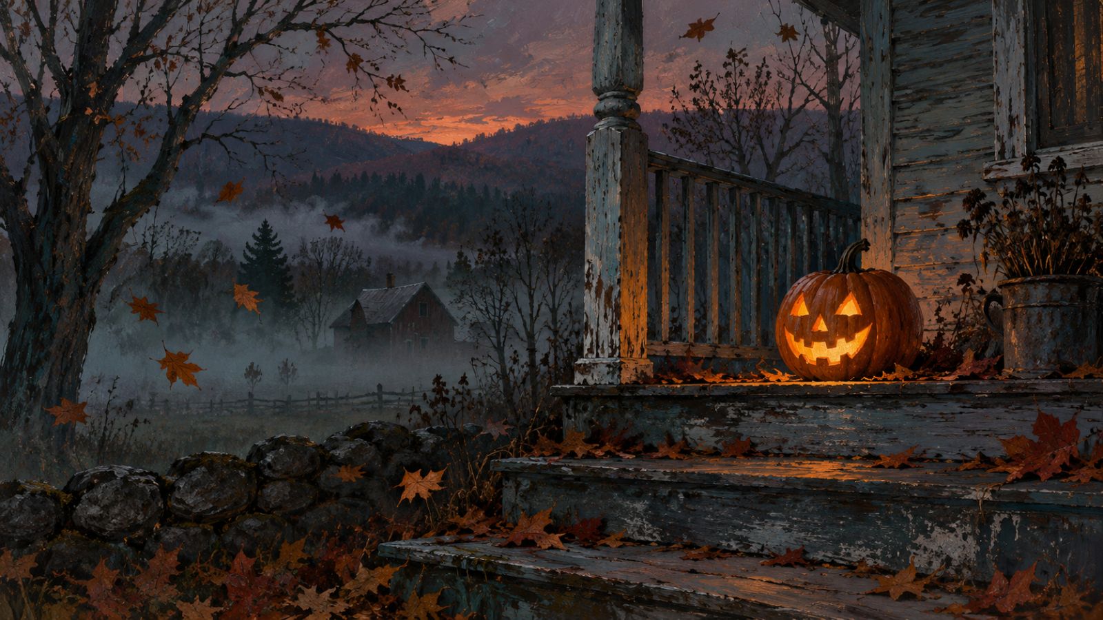 Painted illustration of a foggy farmhouse porch at dusk with a glowing jack-o'-lantern on the steps