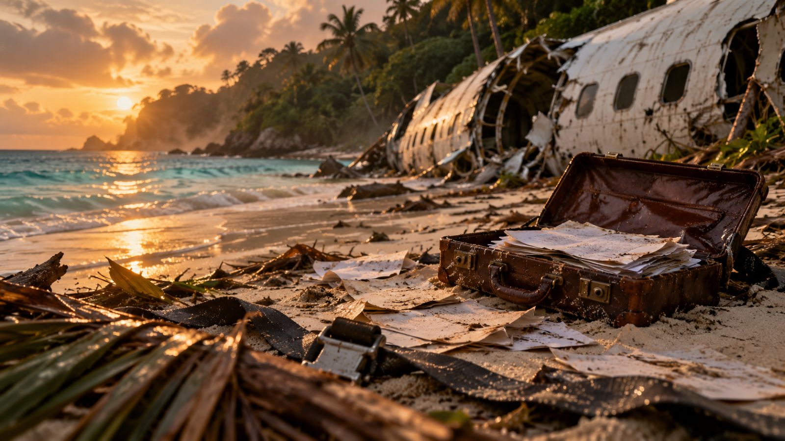 Wreckage from a crashed plane and an open, soaked briefcase on a deserted tropical island beach at golden hour