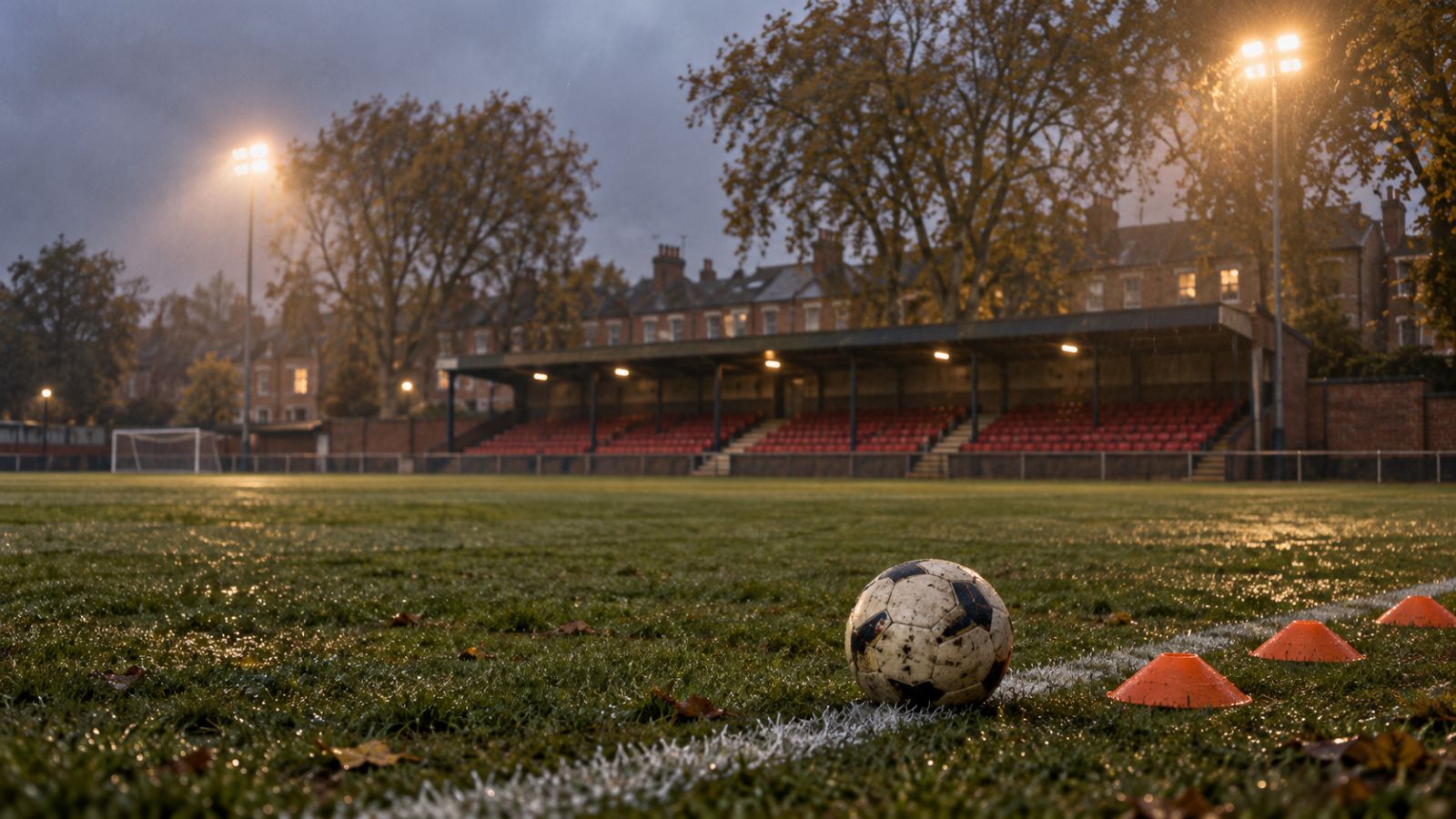 Empty floodlit English football ground on a drizzly autumn evening, with a match ball and orange training cones on the touchline