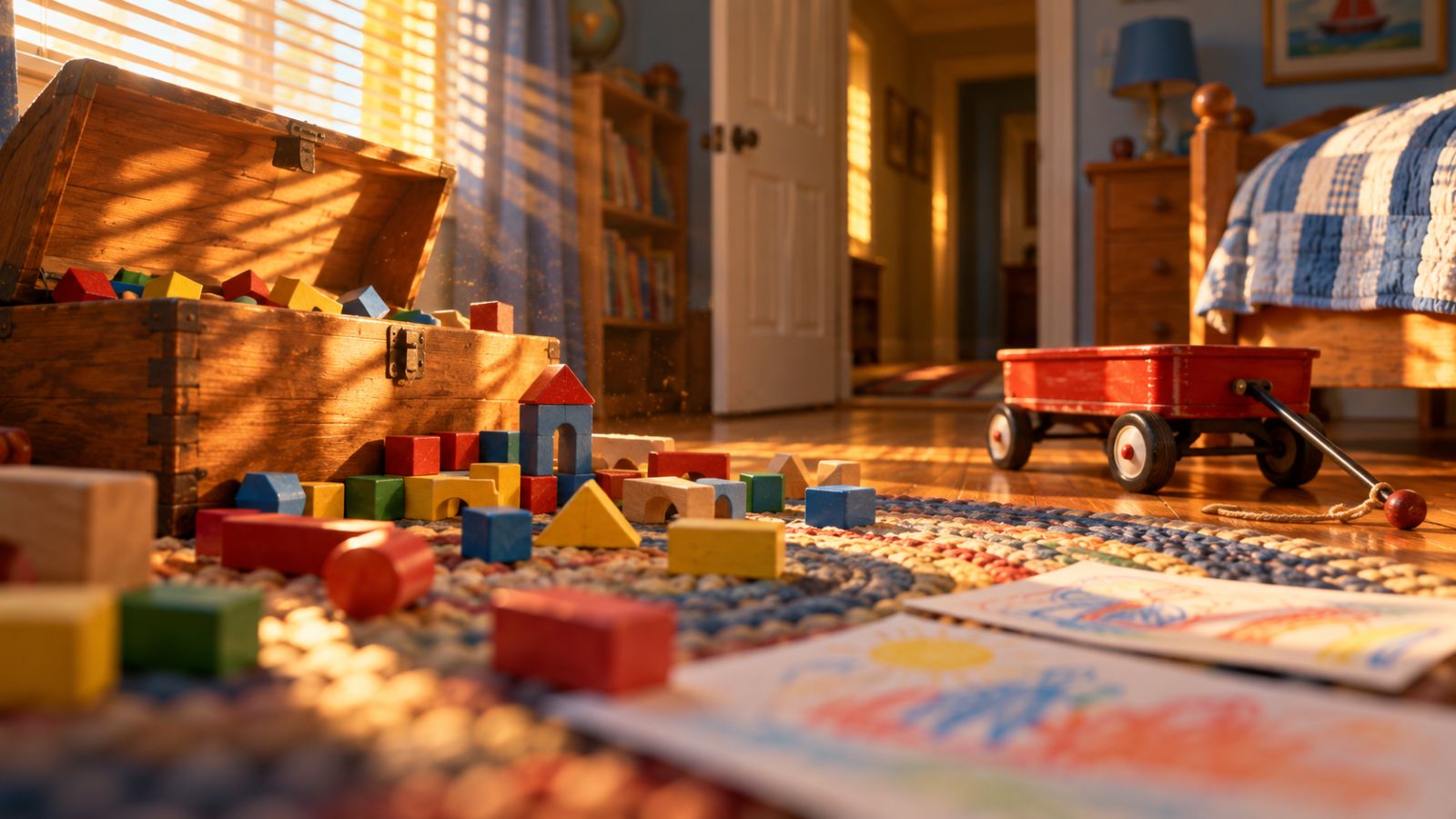 Toy's-eye view of a sunlit child's bedroom floor with an open wooden toy chest and scattered building blocks