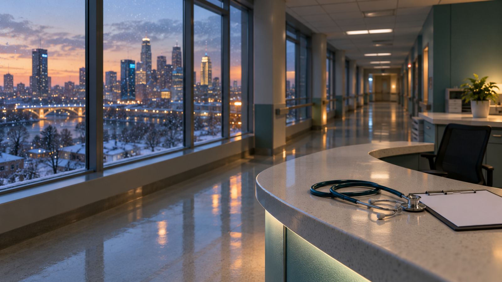 Empty hospital corridor at dusk with a stethoscope on a nurses' station and snow falling outside