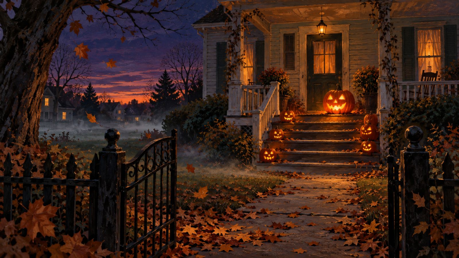 Gouache illustration of a wooden front porch at dusk on Halloween, with glowing jack-o'-lanterns lining the steps, fallen leaves and low mist under bare trees.