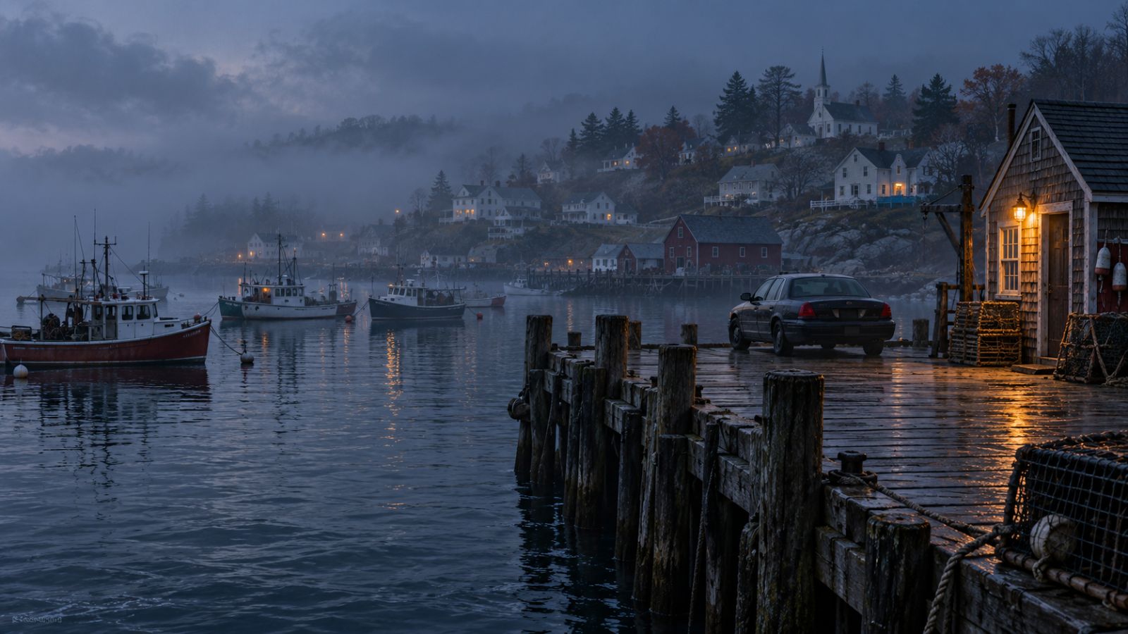 Foggy New England harbor at dusk with an empty police car parked at the end of a wooden pier