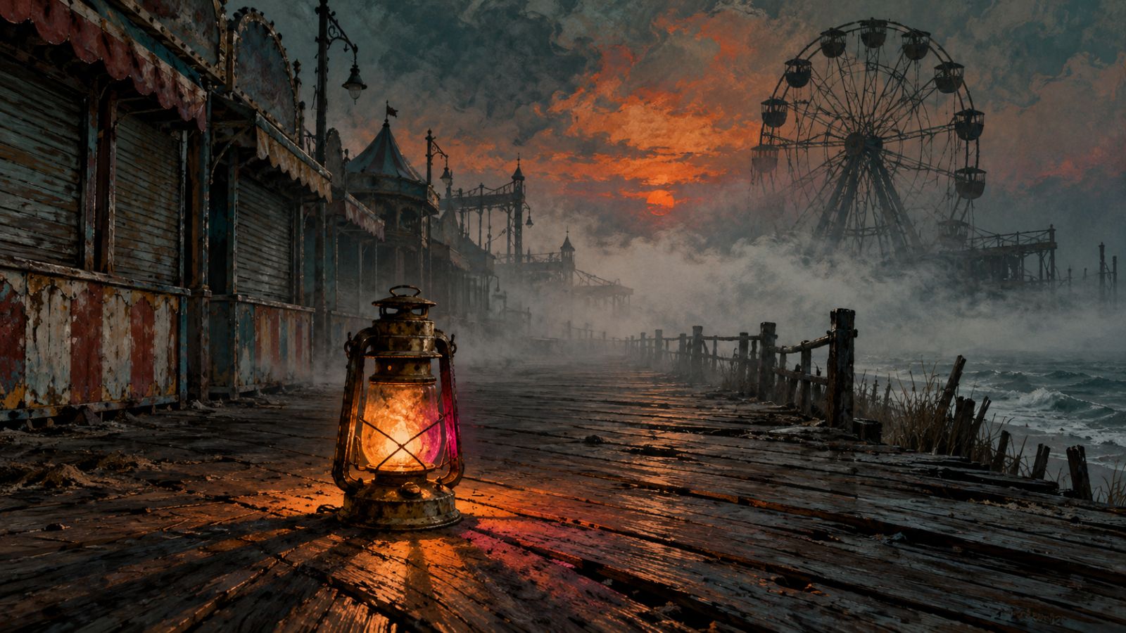 Illustration of a fog-covered abandoned boardwalk carnival at dusk with a glowing brass lantern in the foreground