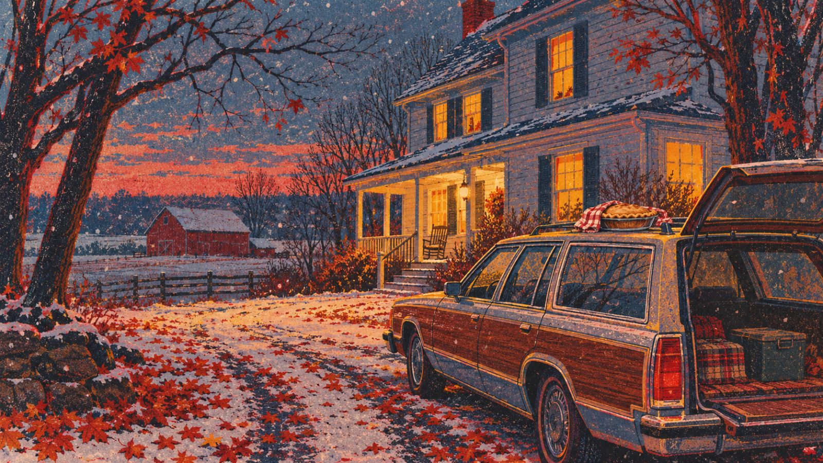 Illustration of a station wagon parked outside a lit farmhouse at dusk in late November, with a pie on the car roof and light snow falling
