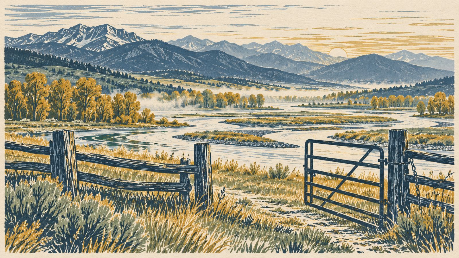 Linocut-style illustration of a misty Montana river valley at dawn, with a split-rail fence and an open ranch gate in the foreground