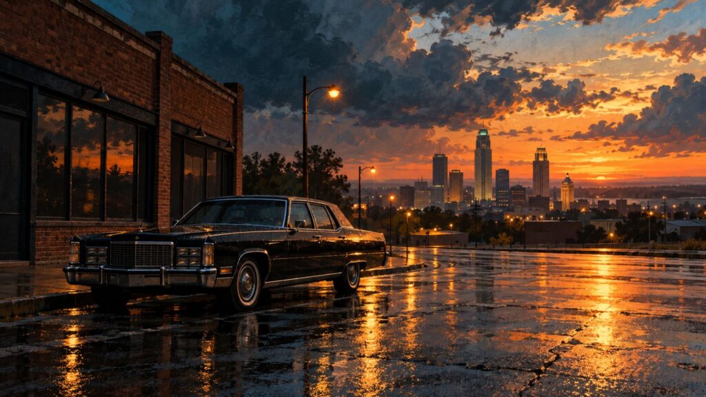 Illustration of a black sedan parked on a rain-wet Tulsa street at dusk with Art Deco towers on the horizon